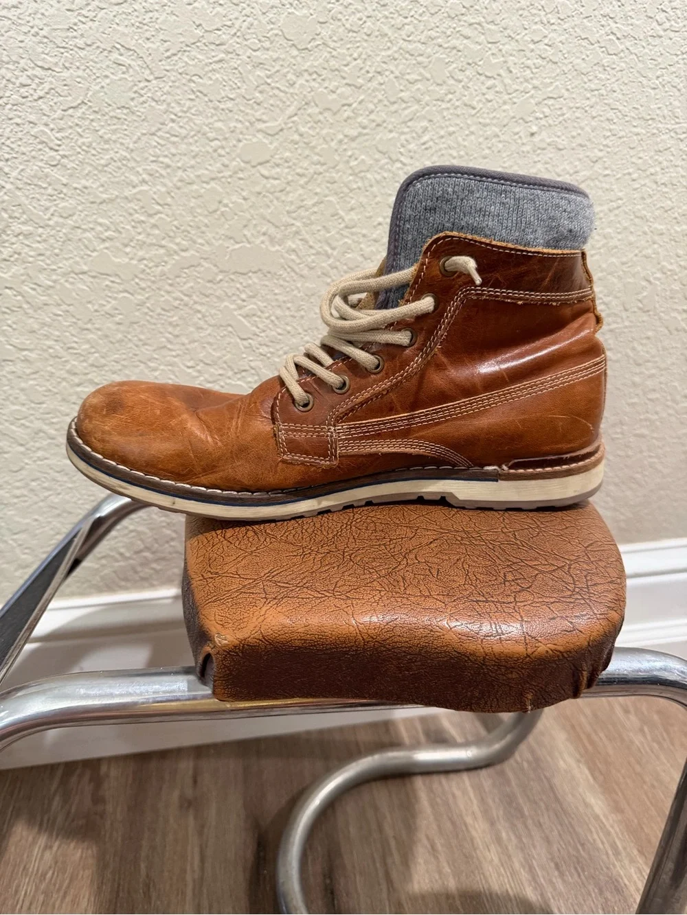 Aldo Tan Distressed Leather Chukka Boots with Gray Knit Collar